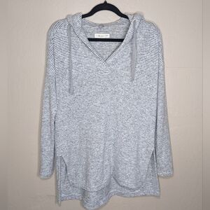 Lou & Grey for Loft Split Neck V-Neck Hoodie Soft Gray and White Stripes Size Sm